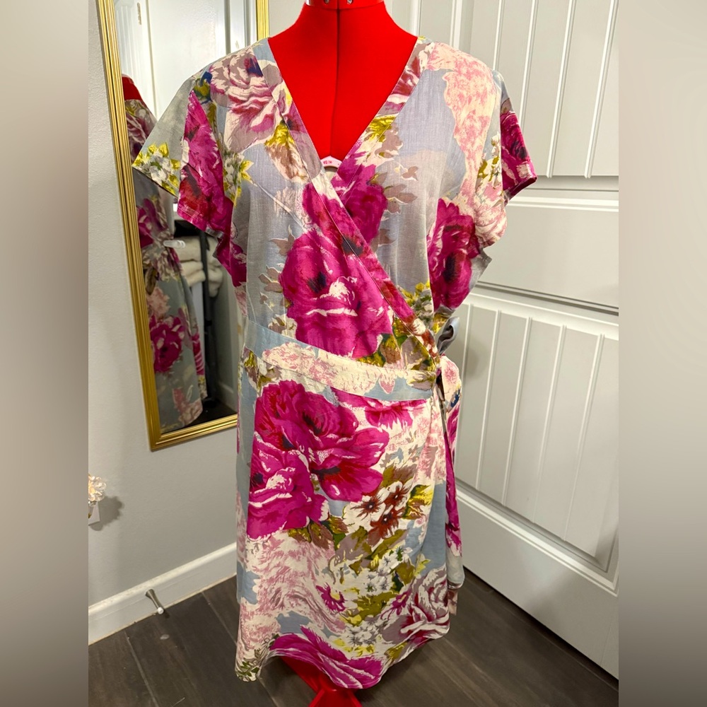 Joe Browns Floral Wrap Midi Dress in Fuchsia and Light Blue